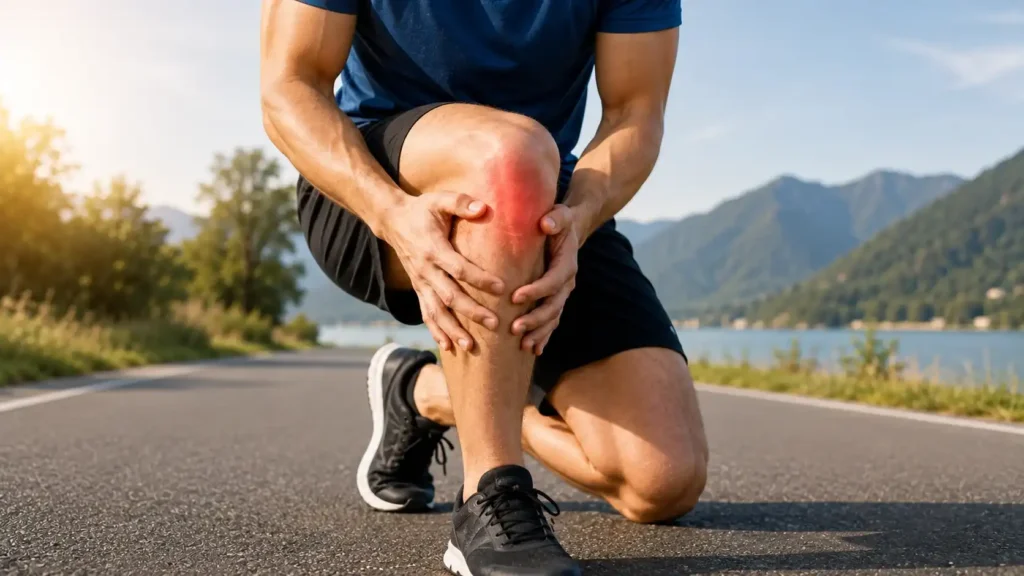 Runner’s Knee causing pain and redness around a runner’s knee during an outdoor workout.