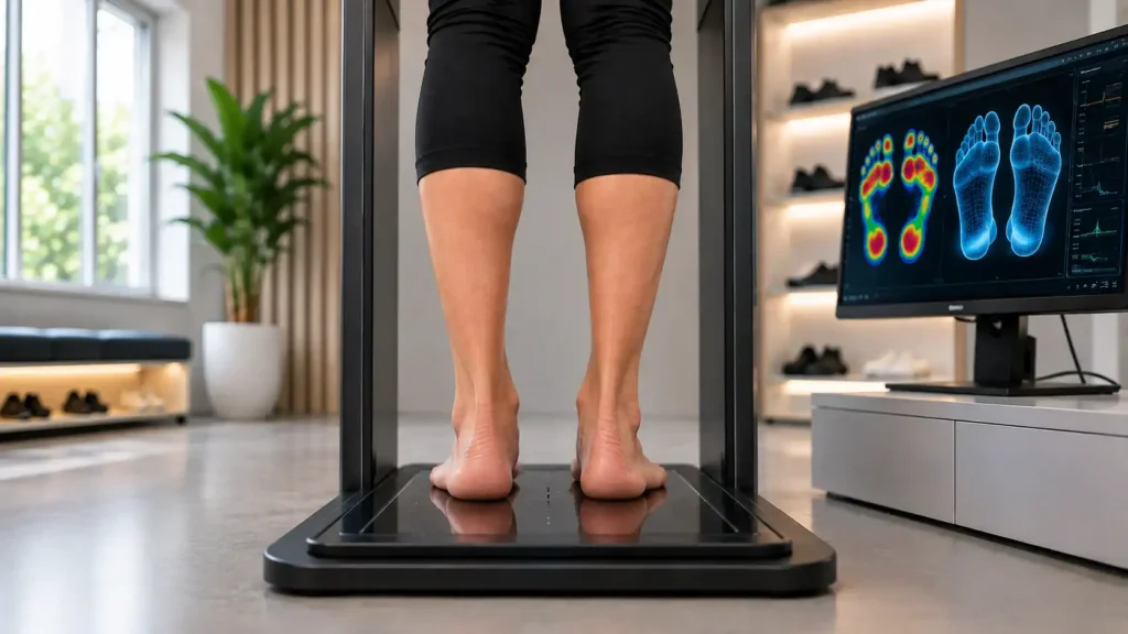Barefoot person undergoing a 3D Foot Scan on a digital pressure scanning platform in a modern podiatry clinic.